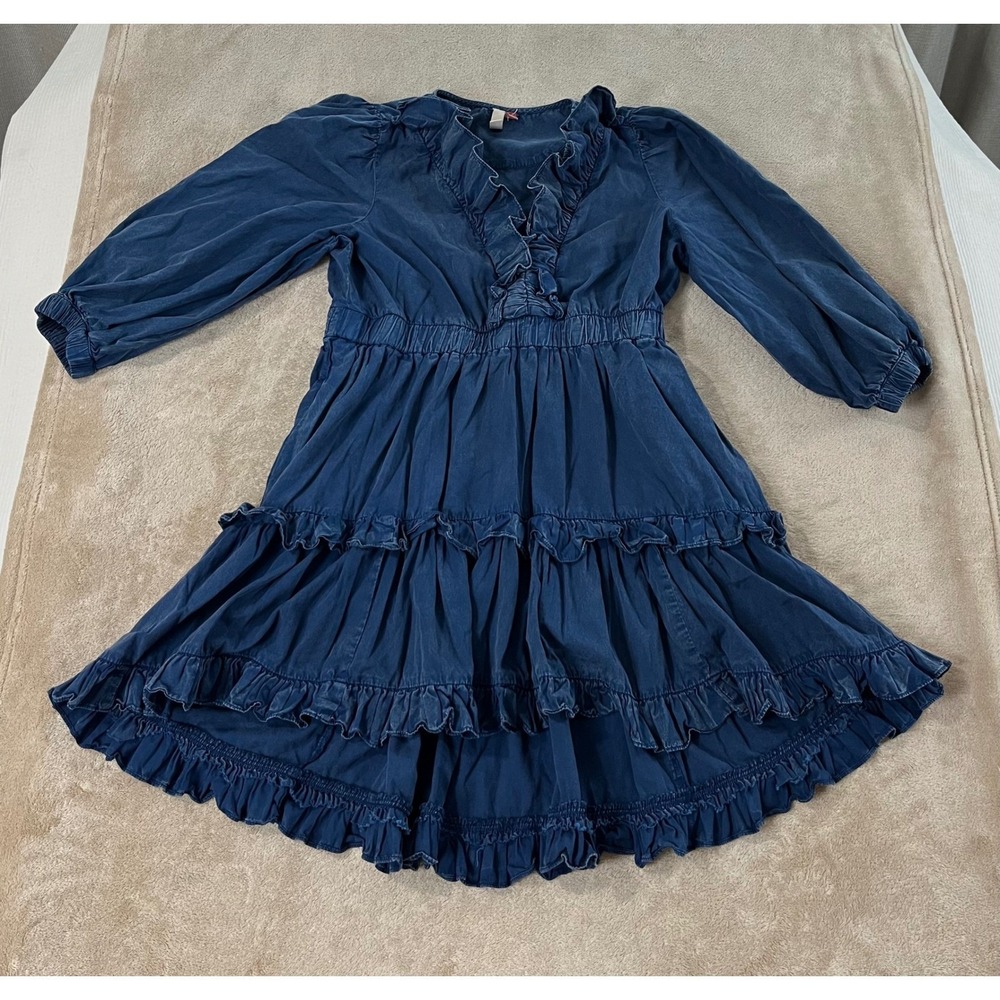 Pilcro Indigo Ruffle Tiered Mini Dress Women's Petite MP Blue Smocked Waist Boho